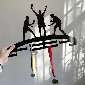 Wooden Medal Hanger for Table Tennis | Sports Medal Rack with Athlete Silhouettes | Wall Display, Dark Wood Laser Cut Organizer