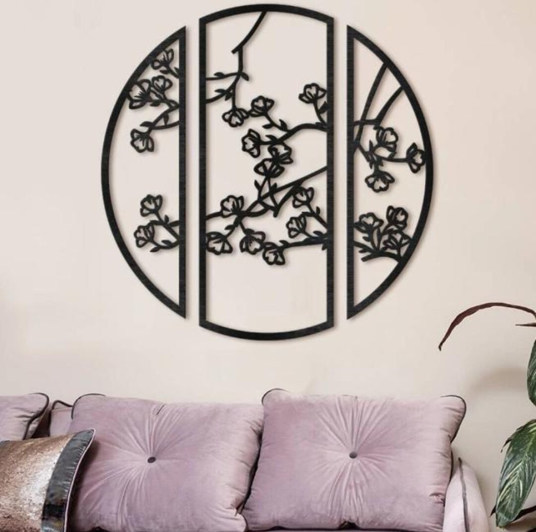 Sakura Wall Decor – Wooden Triptych Panel, Cherry Blossom Art