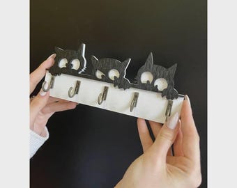 Wooden Cat Key Holder – Cute Wall Hook Rack, Eco Kitty Decor for Entryway, Funny Cat Lovers Gift, Rustic Minimalist Key Hanger