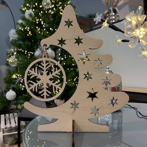 Wooden Xmas Tree Tabletop Decor – Small Flatpack Tree with Snowflake, Star Cutouts | Rustic Minimalist Holiday Scandinavian Style