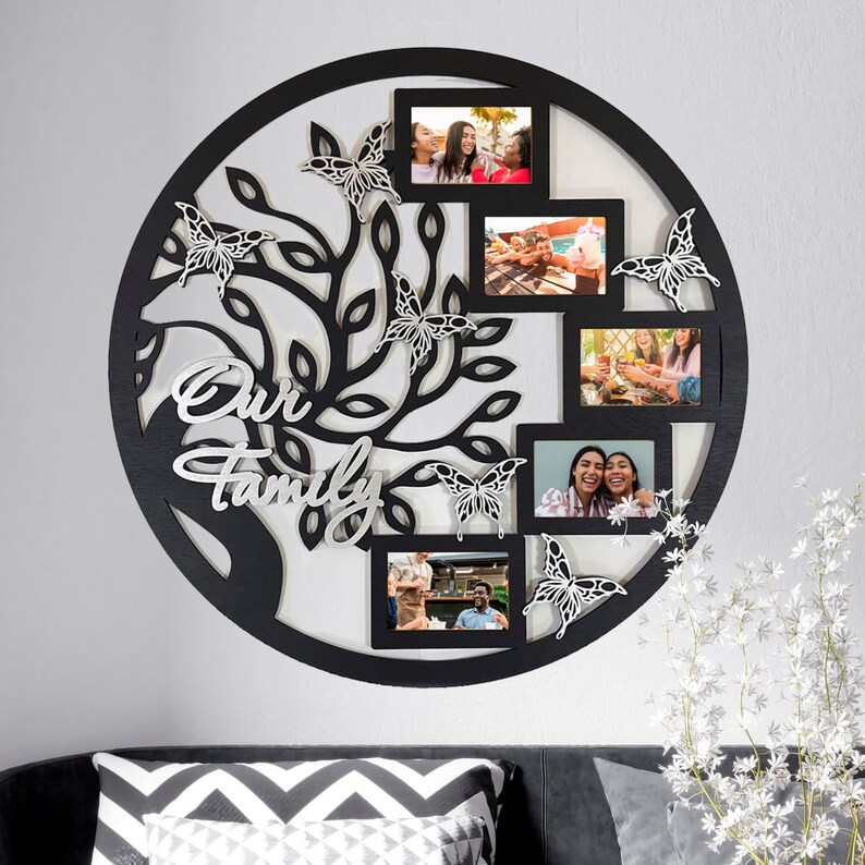 Custom photo frame, Life Wall Art, Round Frame Collage for Family, Family Wood Tree With Photo Frame in Circle, Wall decor Frame image 1