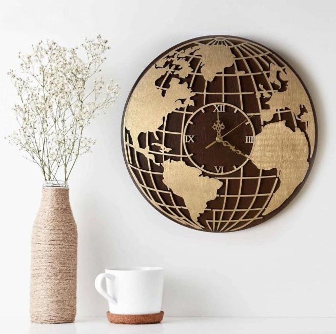 Wooden World Map Wall Clock – Eco-friendly Round Globe Decor, Laser Cut ...