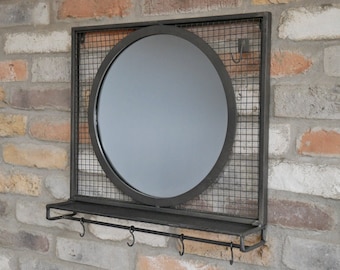 Industrial Style Mirror With Shelf And Hooks