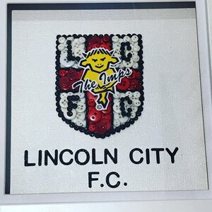 Op de afbeelding: Een ingelijst kunstwerk met een knopenmozaïek van het wapen van de Lincoln City Football Club. Het wapen is een schild met een rood kruis, een witte achtergrond en een geel lam met de woorden "The Imps" erboven. De tekst "LINCOLN CITY F.C." staat onder het wapen.