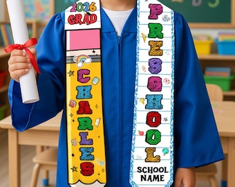 Personalized Kid Graduation Stole, Custom Pencil Kindergarten Grad Stole, Class Of 2026 Sash, Custom Graduation Gift for Daughter Son