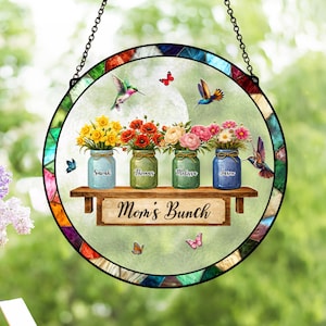 Gepersonaliseerde moeders bos glas-in-lood suncatcher, aangepaste geboortebloem cadeau voor moeder oma, kolibrie raam hangend