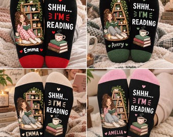 Calcetines personalizados para amantes de los libros, calcetines personalizados para chicas lectoras con nombre, regalo acogedor para lectoras, regalo de Navidad para ratonas lectoras, regalo para la mejor amiga