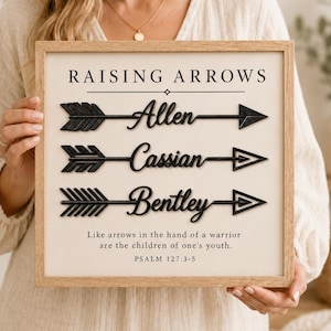 May include: A wooden framed sign with the words "RAISING ARROWS" at the top. Below are the names "Allen", "Cassian", and "Bentley" with arrow designs. The text "Like arrows in the hand of a warrior are the children of one's youth. PSALM 127:3-5" is at the bottom.