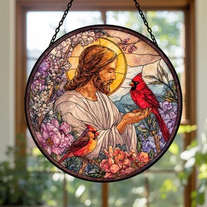 Jezus met kardinalen glas-in-lood zonnevanger: herdenkingscadeau, christelijk hangend raam, Jezus Christus-versiering, religieus kerstdecor