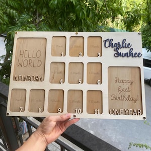 Placa de Hola mundo, marco de fotos del primer año del bebé, marco de fotos para bebés, marco de fotos desde recién nacidos hasta un año, marco de fotos personalizado, hito mensual