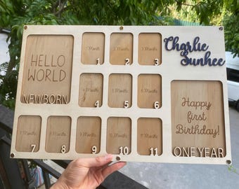 Hello World Plaque, Baby First Year Picture Frame, Baby Photo Frame, Newborn To One Year Photo Frame, Custom Photo Frame, Monthly Milestone