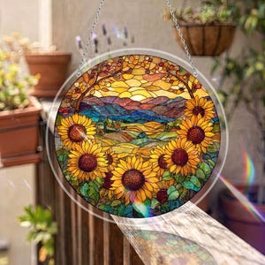 Op de afbeelding: Een rond gebrandschilderd glazen raam met een levendige zonnebloemveldsc&egrave;ne. Het ontwerp omvat gele zonnebloemen, groene bladeren en een kleurrijk landschap met bergen en een zonsondergang. Het raam heeft een heldere rand en hangt aan een ketting.