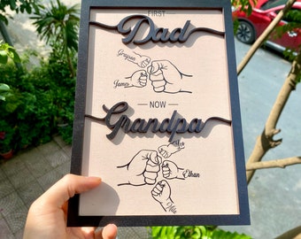 Custom First Dad Now Grandpa Wood Plaque, Personalized Dad and Kids Fist Bump With Name Wood Sign, Father's Day Gift, Dad Gift, Grandpa Gift