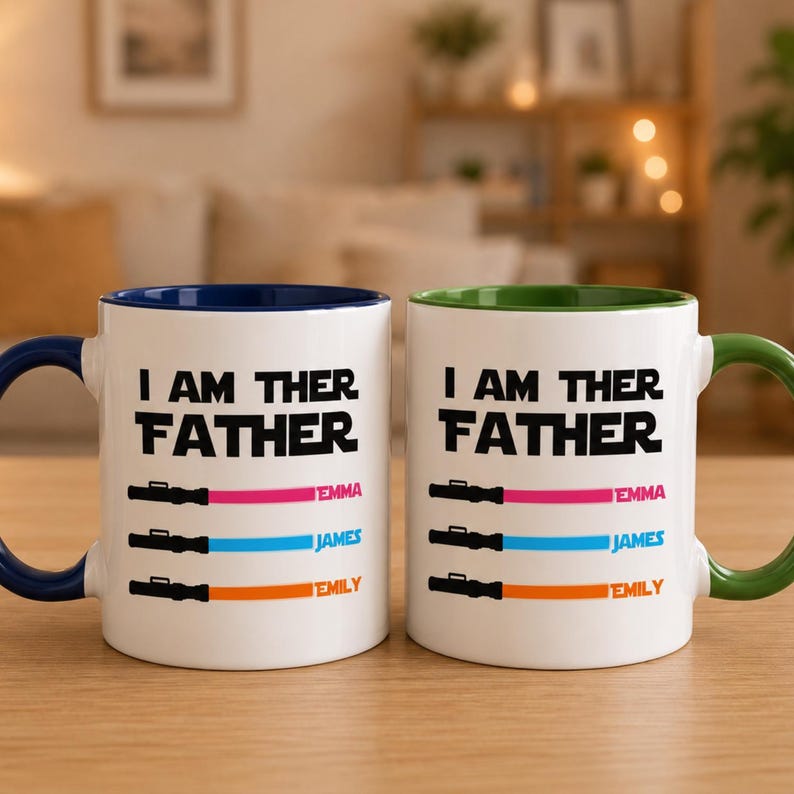 Peut inclure: Deux mugs en c&eacute;ramique blanche avec le texte "I AM THER FATHER" et des graphiques de sabre laser. Un mug a une anse et un bord bleus, l'autre est vert. Chaque mug porte les noms : Emma, James et Emily.