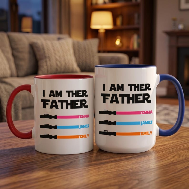 Peut inclure: Deux mugs en c&eacute;ramique blanche avec le texte "I AM THER FATHER" et trois motifs de sabre laser color&eacute;s. Un mug a une anse et un bord rouges, l'autre a une anse et un bord bleus. Les noms Emma, James et Emily sont en dessous.