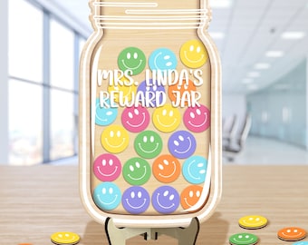 Personalized Smiley Face Reward Jar, Custom Gift For Teacher, Colorful Classroom Decor, Back to school gift, Teacher Gift,Custom Name Reward
