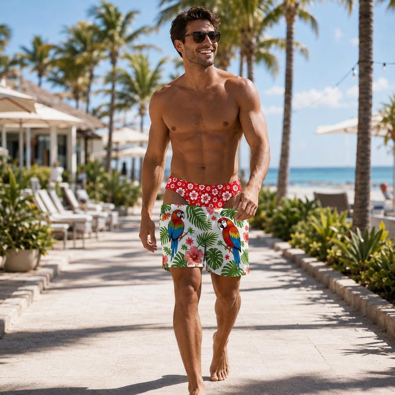 K&ouml;nnte beinhalten: Badehose mit wei&szlig;em Grund und einem lebendigen tropischen Muster aus gr&uuml;nen Palmenbl&auml;ttern, rosa Hibiskusbl&uuml;ten und bunten Papageien. Der Bund besteht aus kontrastierendem rotem Stoff, der mit einem Muster aus kleinen wei&szlig;en Blumen verziert ist.
