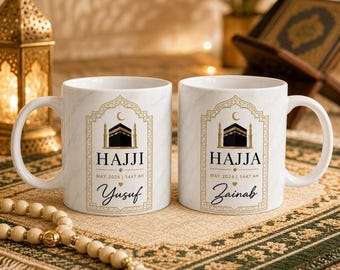 Personalisierte Hajj Mubarak-Tasse, kundenspezifische Hajji Hajja-Kaffeetasse, Islamisches Ehepaar Geschenk für Eltern, Paare, die vom Hajj-Andenken zurückkommen