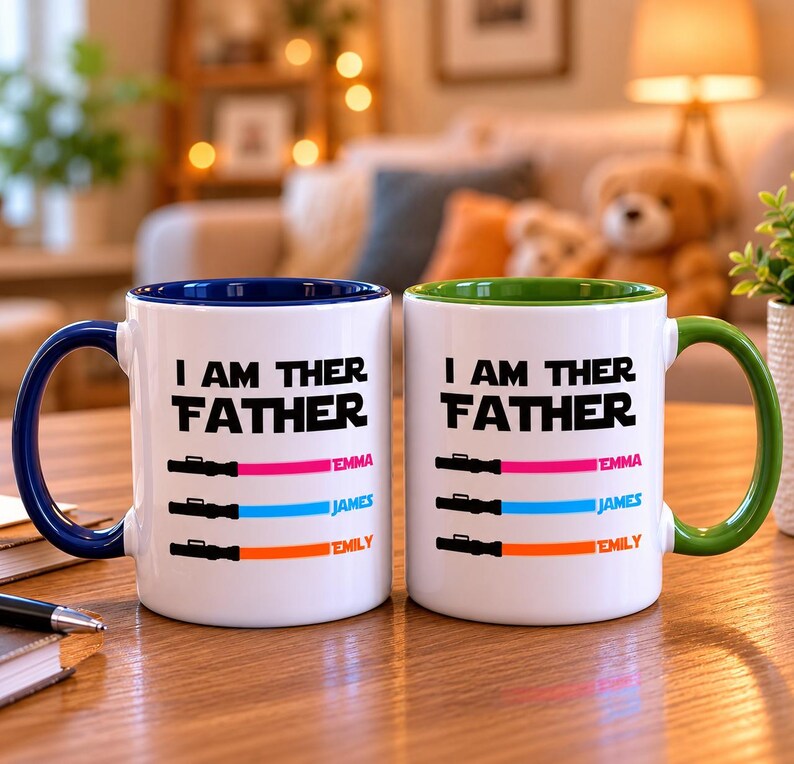 Peut inclure: Deux mugs en c&eacute;ramique blanche avec le texte "I AM THER FATHER" et trois motifs de sabre laser color&eacute;s. Les tasses ont des poign&eacute;es et des bords bleus et verts. Les noms Emma, James et Emily sont imprim&eacute;s en dessous.