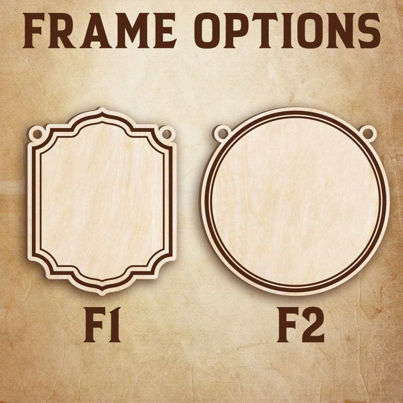 Puede incluir: Imagen que muestra dos opciones de marcos de madera. El texto "FRAME OPTIONS" est&aacute; en la parte superior. El primer marco es rectangular con bordes decorativos, etiquetado como "F1". El segundo marco es circular, etiquetado como "F2". Ambos marcos tienen agujeros para colgar.