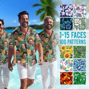 May include: A short-sleeved button-down shirt featuring a custom repeating pattern of various faces interspersed with tropical pineapple and leaf motifs. The shirt is displayed alongside a grid of 100 pattern options and the text 1-15 FACES 100 PATTERNS.