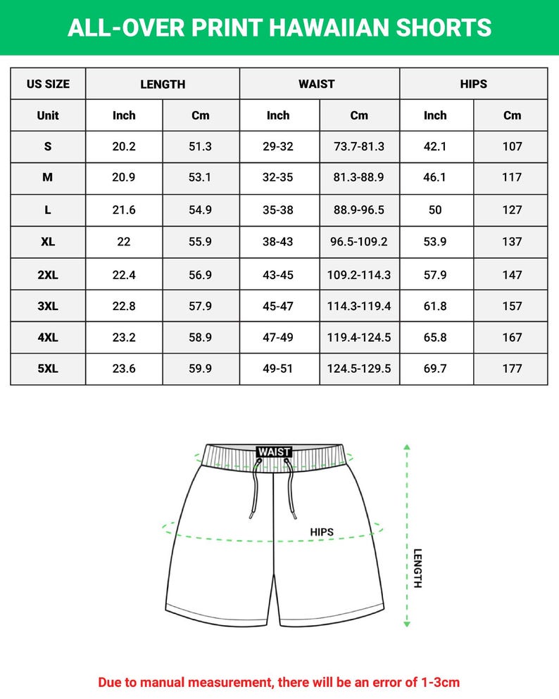 K&ouml;nnte beinhalten: Eine Gr&ouml;&szlig;entabelle f&uuml;r hawaiianische Shorts mit Allover-Print, die US-Gr&ouml;&szlig;en von S bis 5XL mit L&auml;nge, Taille und H&uuml;fte in Zoll und Zentimetern auflistet. Eine Strichzeichnung der Shorts zeigt die Messpunkte f&uuml;r Taille, H&uuml;fte und L&auml;nge.