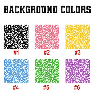 Peut inclure: Image pr&eacute;sentant six options de couleurs de fond avec un motif mouchet&eacute;. Les couleurs incluent le noir, le rose, le jaune, le bleu, le vert et le violet. Le texte "BACKGROUND COLORS" est en haut, chaque option de couleur &eacute;tant num&eacute;rot&eacute;e.