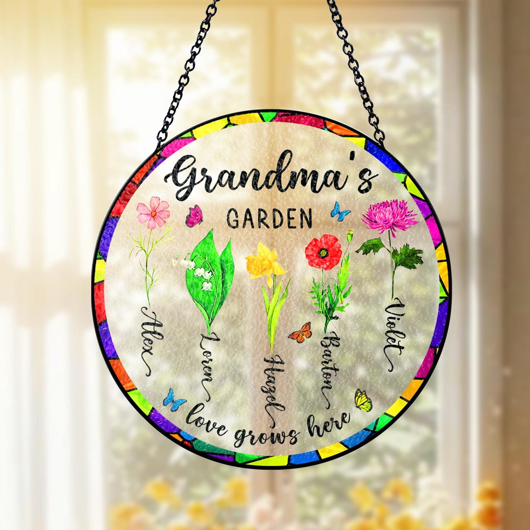 Custom Grandma Love Grows Here Suncatcher, Personalized Grandmas Garden ...