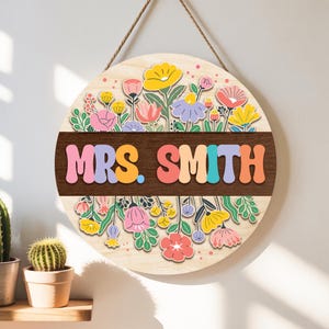 Placa personalizada com nome de professor, porta-cartão floral para sala de aula, decoração para sala de aula, porta-cartão para presente de professor, presentes de volta às aulas, placa floral para professor