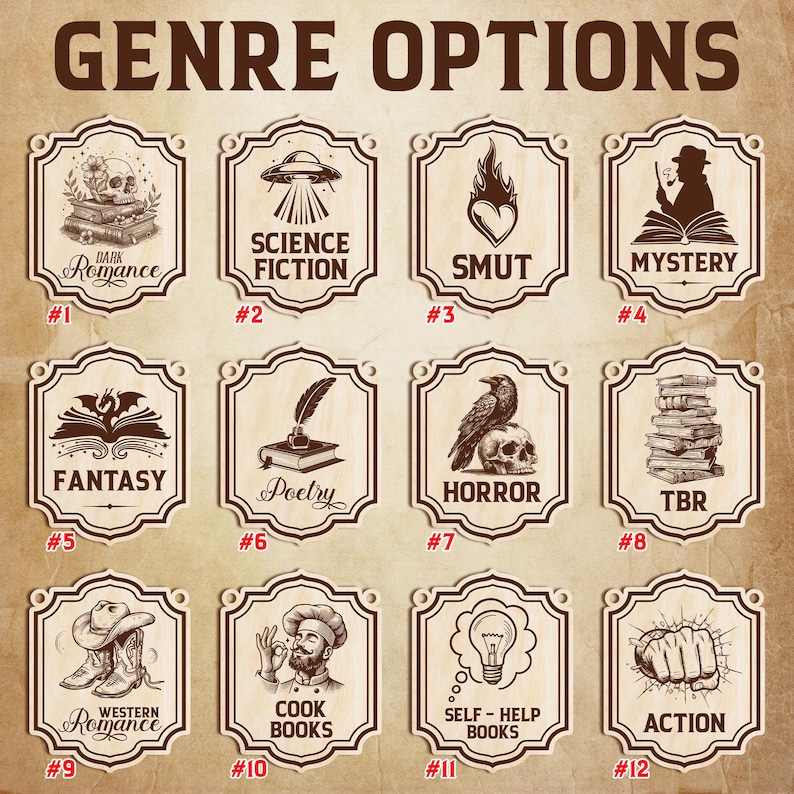 Puede incluir: Placas de madera con temas de g&eacute;nero como "Dark Romance", "Ciencia Ficci&oacute;n" y "Smut". Cada placa presenta una ilustraci&oacute;n &uacute;nica y el nombre del g&eacute;nero. El texto "GENRE OPTIONS" est&aacute; en la parte superior.