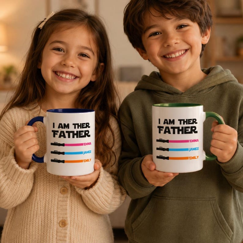 Peut inclure: Deux mugs en c&eacute;ramique blanche avec le texte "I AM THER FATHER" et des noms personnalis&eacute;s. Un mug a une anse et un int&eacute;rieur bleus, l'autre a une anse et un int&eacute;rieur verts. Les mugs ont un design de sabre laser color&eacute;.