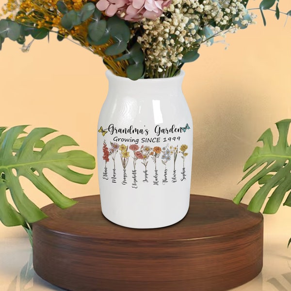 Custom Grandmas Garden Flower Vase, Personalized Birth Flower Flower Vase, Mother's Day Gift ,Gift for Grandma, Mother's Day Gift