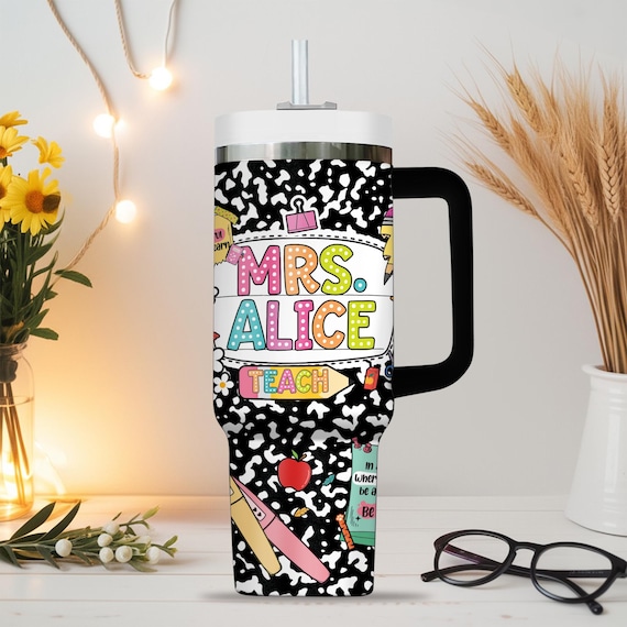 Custom Teacher 40 Oz Tumbler, Back To School Gift, Teacher Tumbler with Handle, Teacher Gift, Composition Notebook Classroom Teacher Tumbler