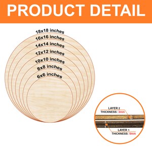 Pu&ograve; includere: Un set di sette cerchi di legno non finiti in varie dimensioni, che vanno da 15 cm a 46 cm di diametro. I cerchi sono disposti in un motivo concentrico, con il cerchio pi&ugrave; piccolo al centro e il cerchio pi&ugrave; grande all'esterno. Il legno &egrave; di colore marrone chiaro e ha una superficie liscia. L'immagine mostra anche un primo piano degli strati di legno, che indicano uno spessore di 3 mm e 5 mm.