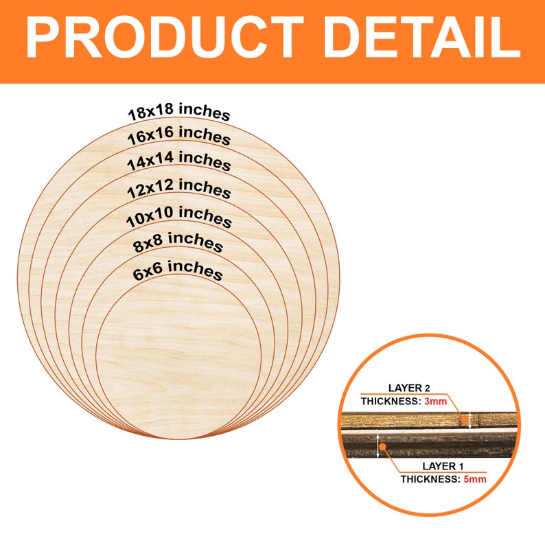 Pu&ograve; includere: Un set di sette cerchi di legno non finiti in varie dimensioni, che vanno da 15 cm a 46 cm di diametro. I cerchi sono disposti in un motivo concentrico, con il cerchio pi&ugrave; piccolo al centro e il cerchio pi&ugrave; grande all'esterno. Il legno &egrave; di colore marrone chiaro e ha una superficie liscia. L'immagine mostra anche un primo piano degli strati di legno, che indicano uno spessore di 3 mm e 5 mm.