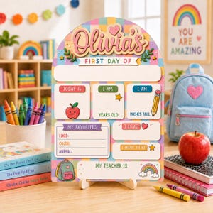 以下が含まれることがあります： Olivia'sという名前が入った、パステルカラーのチェック柄のアーチ型木製ボード。初登校日用で、日付、年齢、身長、お気に入り、先生の名前を記入する空白スペースがあります。リンゴ、鉛筆、虹などのカラフルなアイコンが描かれています。