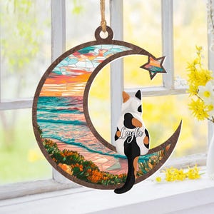 Custom Cat On Moon Loss of Pet Sympathy Gift, Custom Cat Memorial Suncatcher, Engraved Cat Lovers, Gift for Cat Lovers, Cat Memorial Gift
