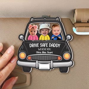 お子様の顔がプリントされたパーソナライズされたお父さん用車用バイザークリップ、お子様の写真がプリントされたカスタム安全運転用お父さん用バイザークリップ、父の日の面白いギフトアイデア、お父さんへのプレゼント