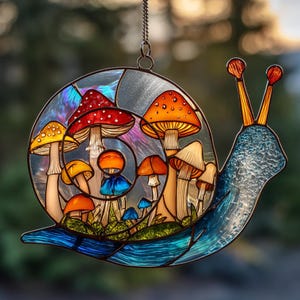 Slak met bloemen ACRYL Suncatcher, grillig raamdecor, cadeau voor tuinliefhebbers, FAUX glas-in-lood hangend met slak en paddenstoel
