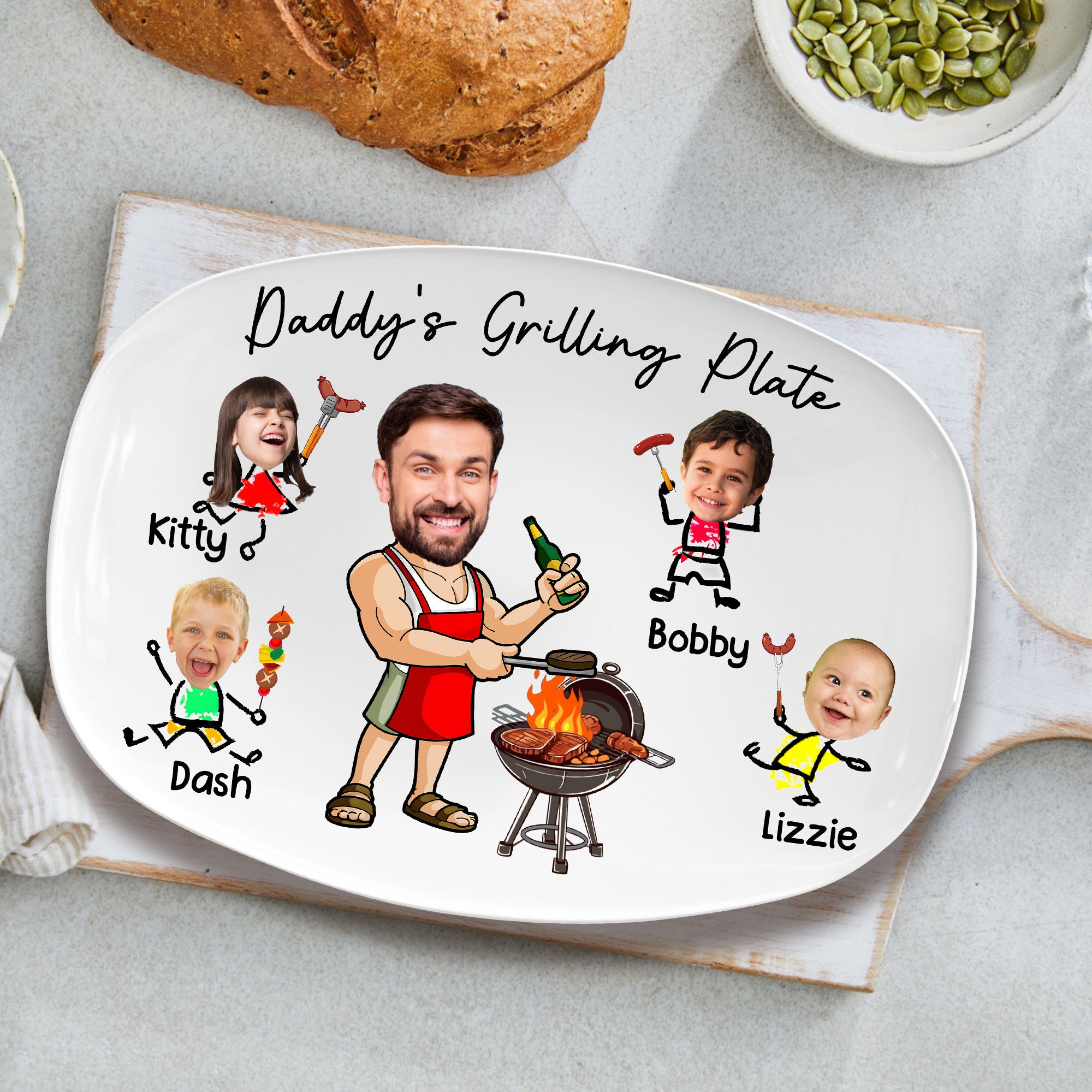 Custom Daddy's Grilling Plate, Custom Kids Face Grilling Plate For BBQ King, Gift for Father's Day, Gift For Dad From Kids, Daddy Gifts