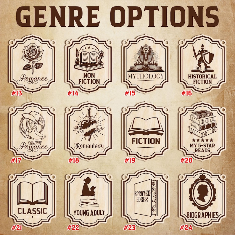 Puede incluir: Placas de madera con ilustraciones y texto de varios g&eacute;neros de libros, incluyendo "Romance", "Non Fiction", "Mythology" e "Historical Fiction". Cada placa tiene un borde decorativo y un n&uacute;mero.