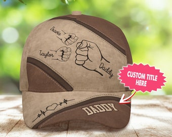 Personalized Outline Fist Bump Daddy Grandpa Cap, Father&#39;s Day Gift Ideas Gift for Husband, Gift for Dad, Dad Grandpa Kids Holding Hands Cap