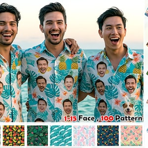 Puede incluir: Tres hombres con camisas hawaianas de colores con diferentes patrones que muestran caras de personas. Las camisas tienen un frente abotonado y mangas cortas. El texto "1-15 Face, 100 Pattern" es visible en la parte inferior de la imagen.