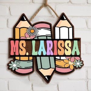 Letrero de puerta personalizado con lápiz 3D para profesor, colgador de puerta para aula con nombre, letrero de bienvenida para profesor, colgador de puerta para profesor