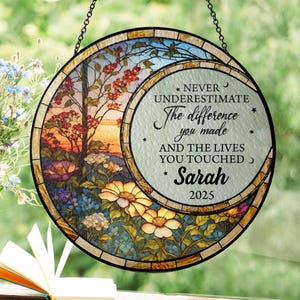 Personalized Floral Retirement Window Decor, Stained Glass Retirement Suncatcher Colleague Retirement Keepsake, Retirement Gift For Coworker