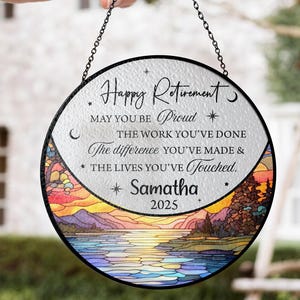 Personalized Stained Glass Retirement Suncatcher, Floral Retirement Window Decor, Colleague Retirement Keepsake Retirement Gift For Coworker