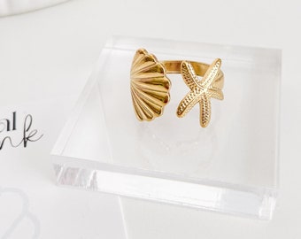 Starfish Clam Ring | Coastal Aesthetic | Adjustable Open Cuff Finger Ring | Mermaidcore | Stainless Steel | Gift for Her | Gold Chunky Ring