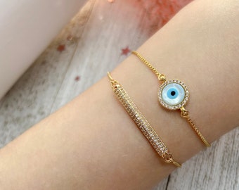 16K Gold Plated Evil Eye | Diamond Bar | Adjustable Sliding Rolo Chain Bracelets