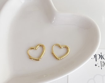 Hearts Huggie Hoop Earrings | 18K Gold Plated Brass Metal Jewelry | 14MM Hoops | Gift for Her | Valentine's Day | Mother's Day