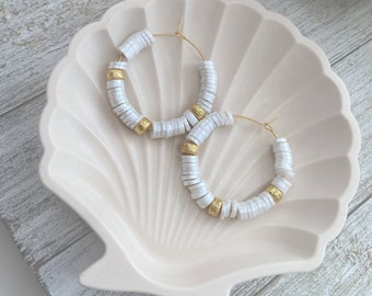 Glam Hoops | Heishi Beads | Shimmering Brass Pearlized Beads | Stainless Steel Hoop Earrings | Beach Jewelry | White Polymer Clay